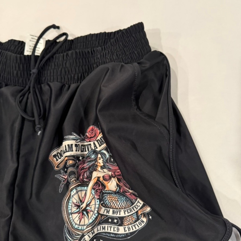 Mermaid Graphic Athletic Shorts Women Medium Black Excellent 2-Layer Gym Beach - Picture 5 of 7